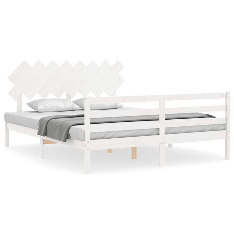 Foto van The living store bedframe massief grenen - wit - 205.5 x 165.5 x 81 cm - multiplex lattenbodem