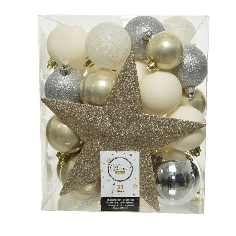 Foto van Decoris kerstballenset 33 ballen met piek pearl champagne