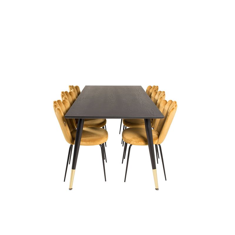 Foto van Dipp180x90blbr eethoek eetkamertafel zwart en 6 limhamn eetkamerstal velours geel.