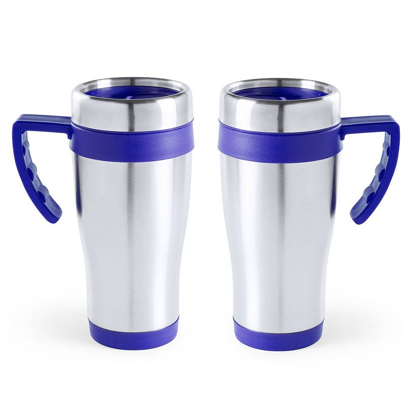 Foto van 2x stuks rvs thermosbeker/warm houd koffiebeker blauw 500 ml - thermosbeker