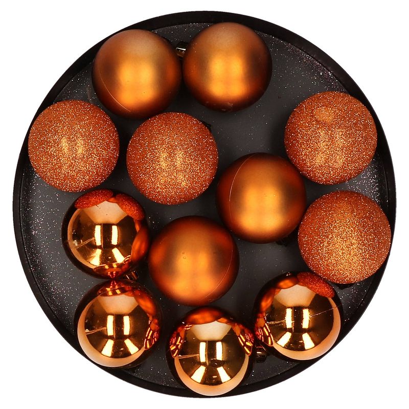 Foto van 12x stuks kunststof kerstballen oranje 6 cm mat/glans/glitter - kerstbal