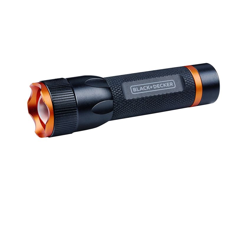 Foto van Black+decker led zaklamp 60 lumen - 65m bereik - 3 lichtstanden: hoog, laag, pulserend - zwart/oranje