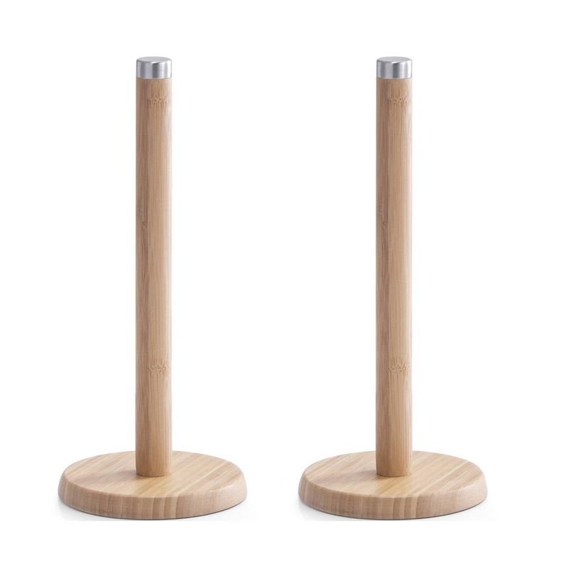 Foto van 2x bamboe houten keukenrolhouders rond 14 x 32 cm - keukenrolhouders