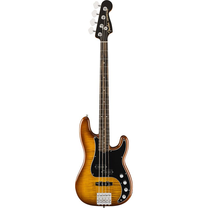 Foto van Fender limited edition american ultra precision bass tiger'ss eye eb elektrische basgitaar met koffer