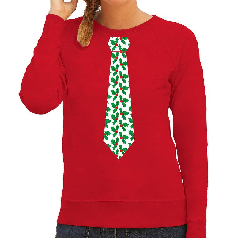 Foto van Stropdas kersttrui/kerst sweater mistletoe rood voor dames xl - kerst truien
