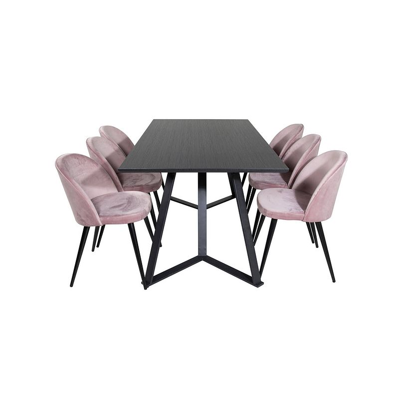 Foto van Marinablbl eethoek eetkamertafel zwart en 6 velvet eetkamerstal velours roze, zwart.