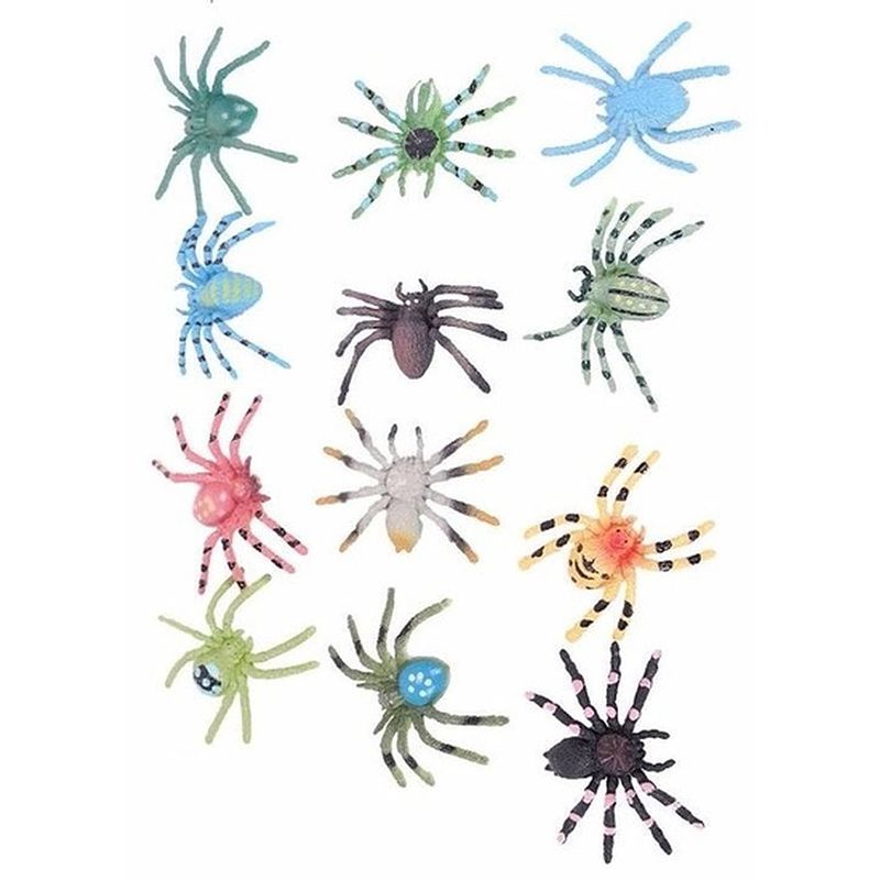 Foto van 12x stuks gekleurde horror decoratie spin/spinnen 4 cm - feestdecoratievoorwerp