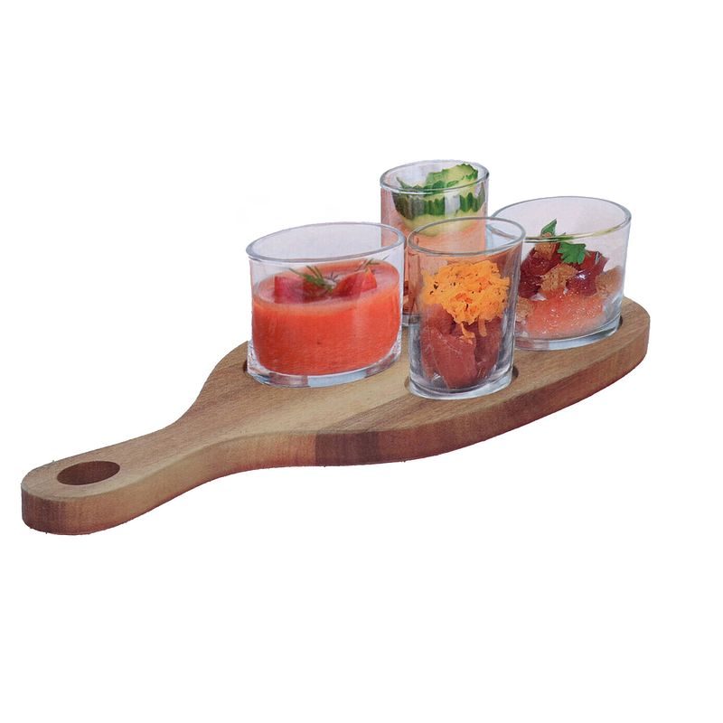 Foto van Serveerplank acacia met 4x luxe hapjes/saus/tapas glazen schaaltjes - serveerplanken