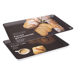 Foto van Set 2x dienbladen/serveerbladen rechthoekig koffie en brood zwart - dienbladen