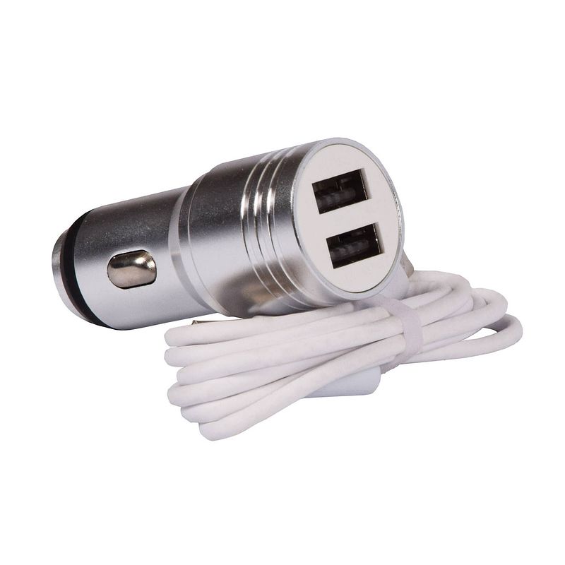 Foto van Auto oplader dubbele usb poort 2 poorten zilver universele oplader voor onderweg model c08 5v output