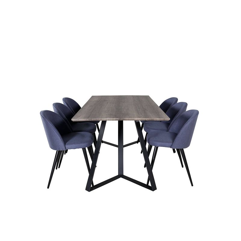 Foto van Marinagrbl eethoek eetkamertafel el hout decor grijs en 6 velvet eetkamerstal blauw.