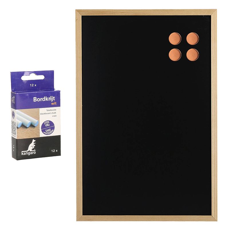 Foto van Krijtbord/schoolbord met magneten en 12x krijtjes - 40 x 60 cm - krijtborden