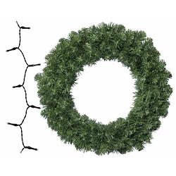Foto van Groene kerstkrans/dennenkrans/deurkrans 50 cm inclusief warm witte verlichting - kerstkransen