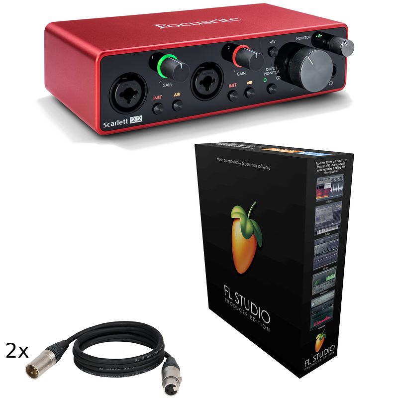 Foto van Focusrite scarlett 2i2 3rd gen bundel met fl studio plus 2x xlr-kabel (3 m)