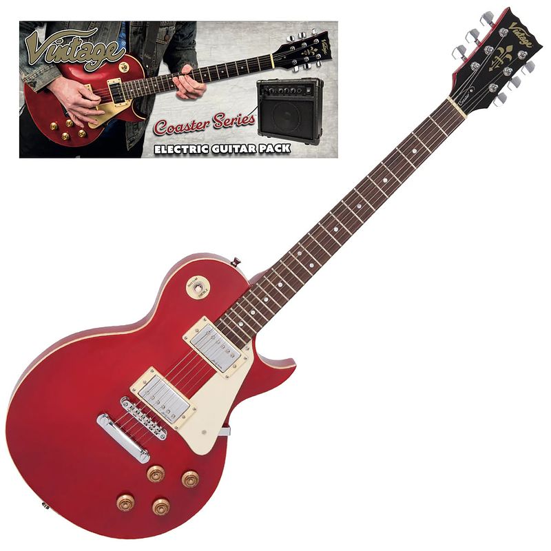 Foto van Vintage vip-v10wr coaster series wine red guitar pack elektrische gitaar set met versterker