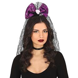 Foto van Halloween thema diadeem met strik en sluier - one size - zwart/paars - meisjes/dames - verkleedhoofddeksels