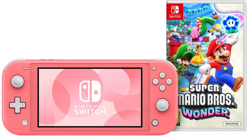 Foto van Nintendo switch lite koraal + super mario bros. wonder