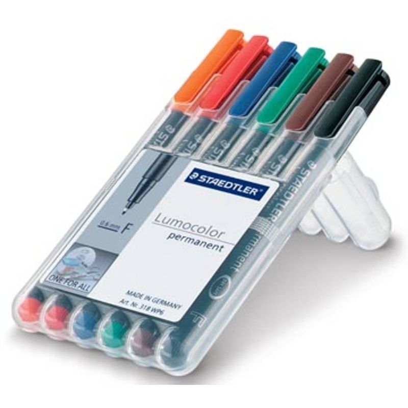 Foto van Staedtler ohp-marker lumocolor permanent geassorteerde kleuren, box met 6 stuks, fijn 0,6 mm