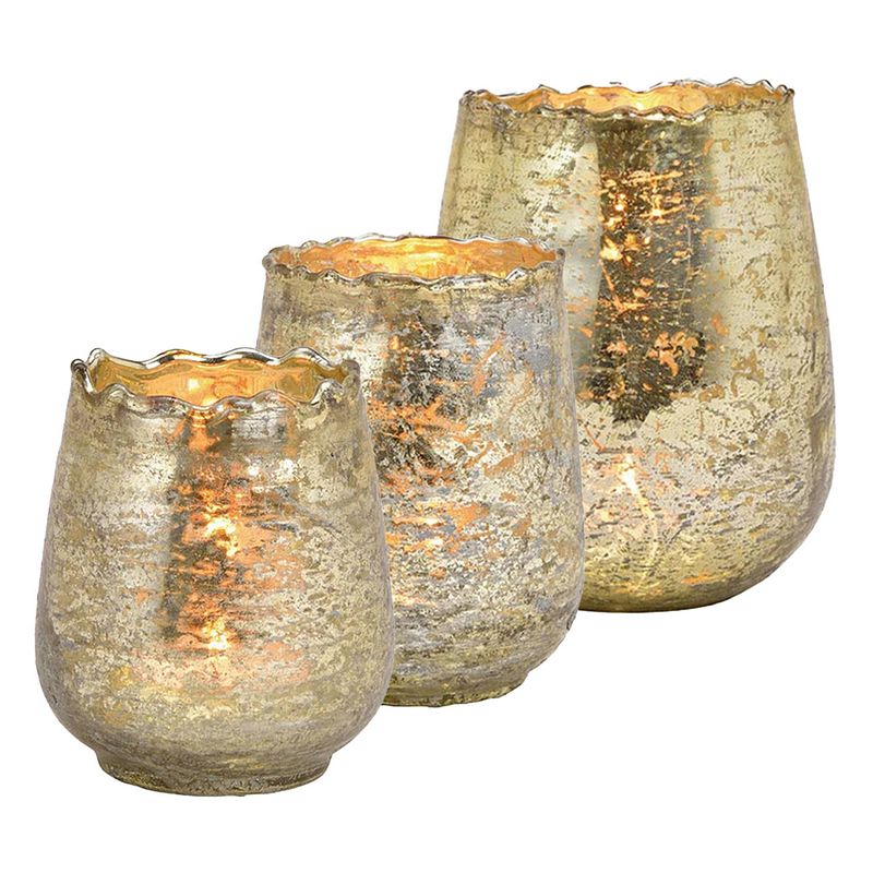 Foto van Set van 3x windlicht/kaarsenhouder - glas - champagne goud - 3 formaten - waxinelichtjeshouders