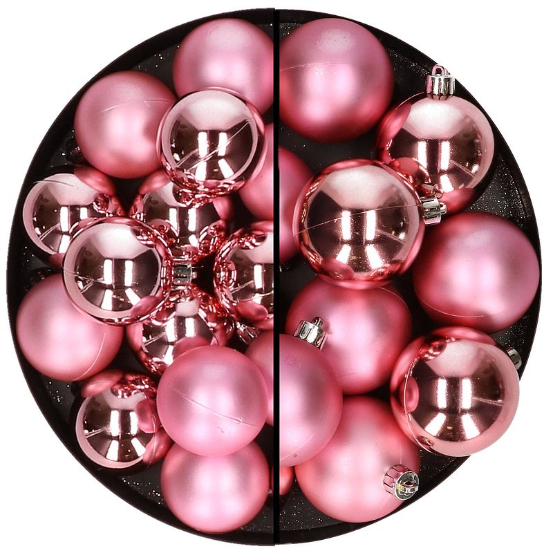 Foto van 28x stuks kunststof kerstballen bubblegum roze 4 en 6 cm - kerstbal