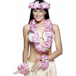 Foto van 4x stuks roze hawaii kransen verkleed set deluxe - verkleedkransen