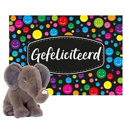 Foto van Keel toys - cadeaukaart gefeliciteerd met knuffeldier olifant 25 cm - knuffeldier