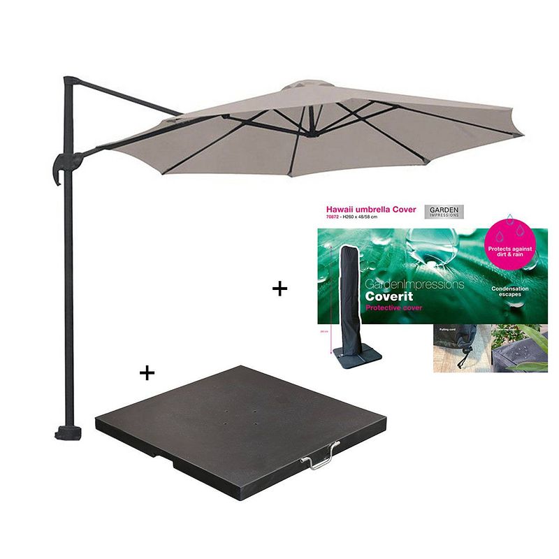 Foto van Garden impressions hawaii zweefparasol s ø300 - donker grijs/zand met 60 kg parasolvoet en parasolhoes