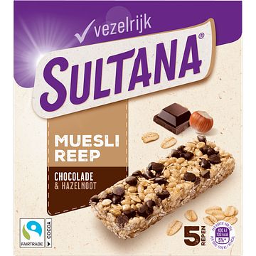 Foto van Sultana mueslireep chocolade & hazelnoot 5 stuks 125g bij jumbo