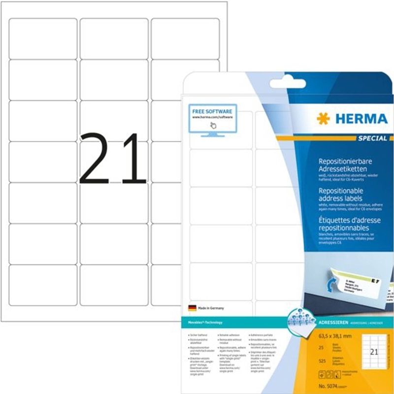 Foto van Herma labels white 63,5x38,1 removable superprint 525 pcs.