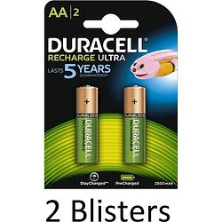 Foto van 4 stuks (2 blisters a 2 st) duracell aa oplaadbare batterijen - 2500 mah