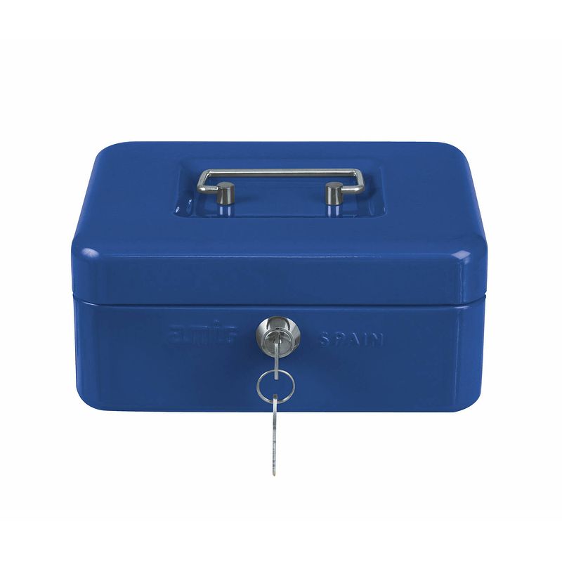 Foto van Amig geldkistje met 2 sleutels - blauw - staal - 20 x 16 x 9 cm - inbraakbeveiliging  - geldkistjes