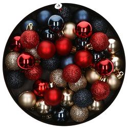 Foto van 48x stuks kunststof kerstballen mix donkerblauw/champagne/rood 4 cm - kerstbal