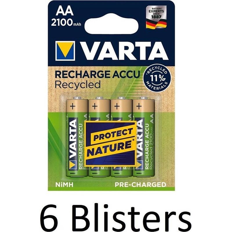 Foto van 24 stuks (6 blisters a 4 st) varta recharge accu recycled aa oplaadbare batterijen 2100 mah