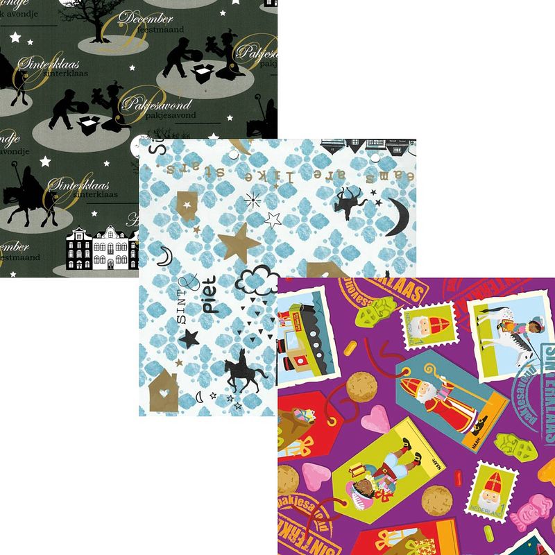 Foto van Assortiment 2 sinterklaaspapier cadeaupapier inpakpapier extra lang en breed - 300 x 100 cm - 3 rollen