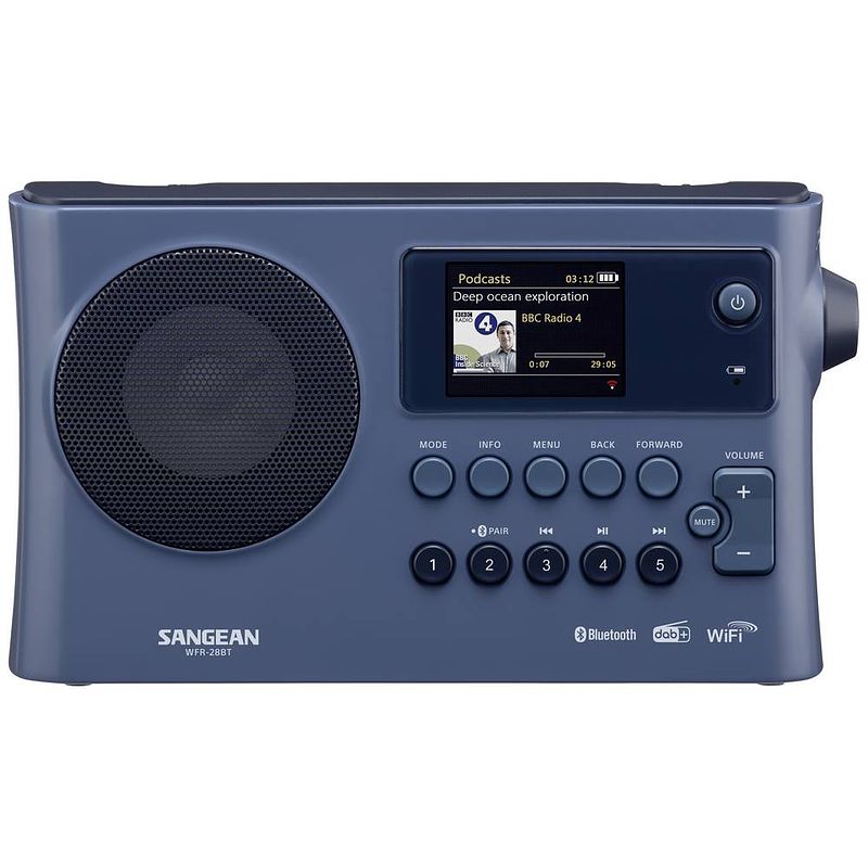 Foto van Sangean wfr-28bt tafelradio met internetradio dab+, fm dab+, wifi, bluetooth, aux, internetradio accu laadfunctie, spotify donkerblauw