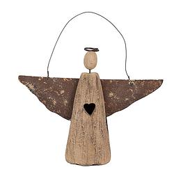 Foto van Clayre & eef decoratie hanger engel 14 cm bruin hout ijzer kersthanger bruin kersthanger