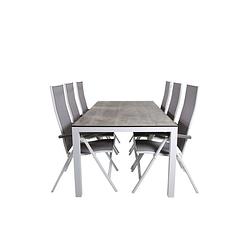 Foto van Llama tuinmeubelset tafel 100x205cm en 6 stoel l5pos albany wit, grijs, crèmekleur.