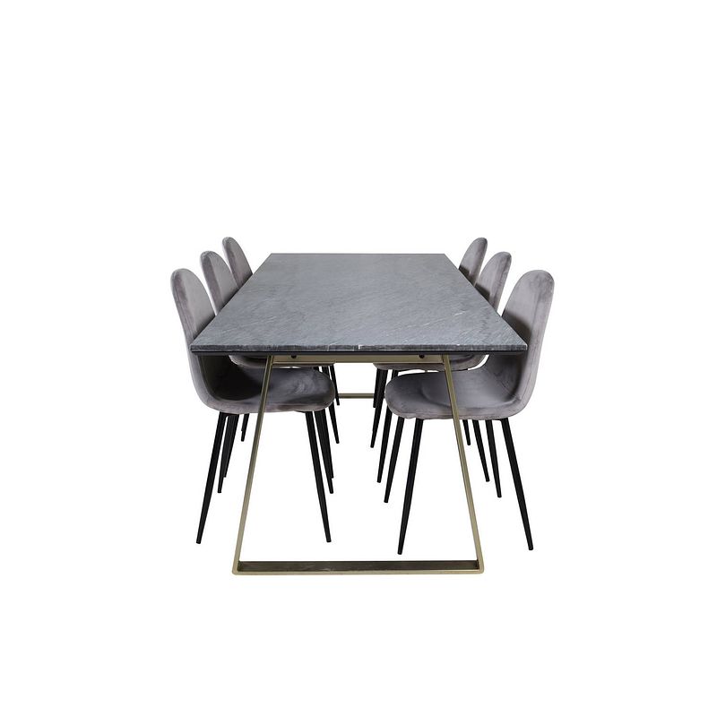 Foto van Estelleblbr eethoek eetkamertafel zwart, marmer en 6 polar eetkamerstal velours grijs.