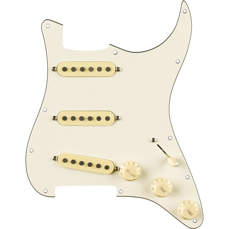 Foto van Fender pre-wired strat pickguard eric johnson signature parchment 11-hole