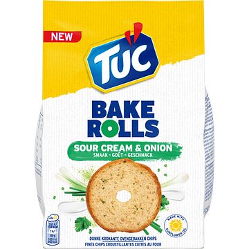 Foto van Tuc bake rolls sour cream & onion smaak chips 150 g bij jumbo