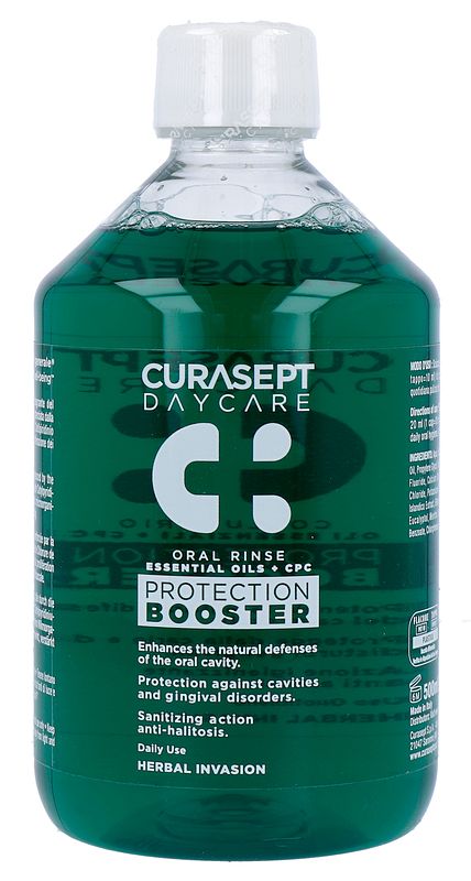 Foto van Curasept daycare oral rinse protection booster - herbal invasion