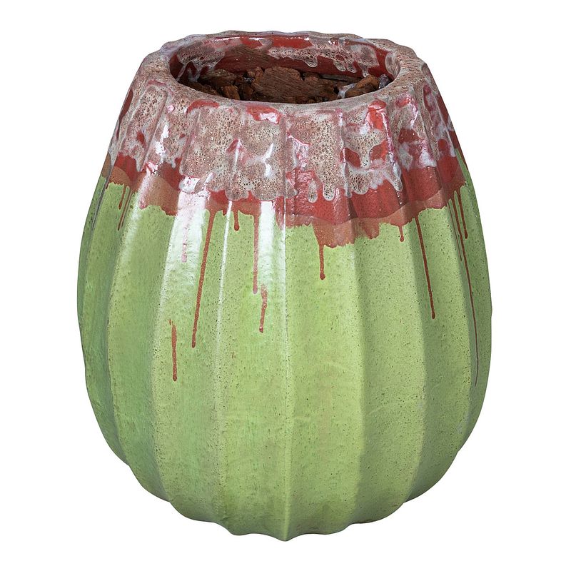 Foto van Ptmd lionne green ceramic pot ribbed bulb round s