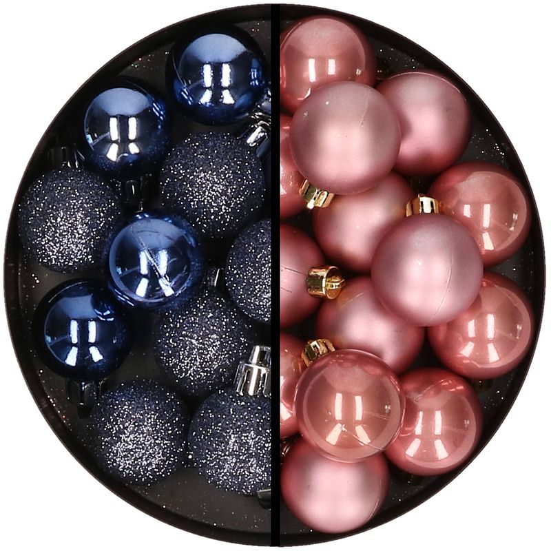 Foto van 36x stuks kunststof kerstballen donkerblauw en oudroze 3 en 4 cm - kerstbal
