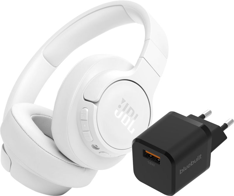 Foto van Jbl tune 770nc wit + bluebuilt quick charge oplader met usb a poort 18w zwart