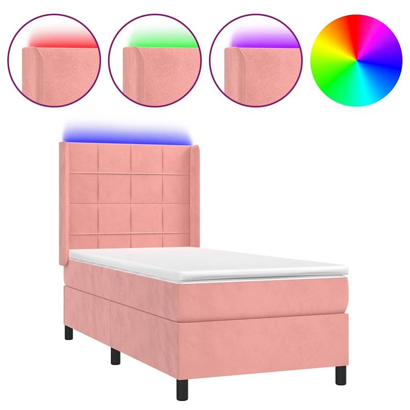 Foto van The living store bed - roze fluweel - 203x93x118/128 cm - verstelbaar hoofdbord - led verlichting - pocketvering matras