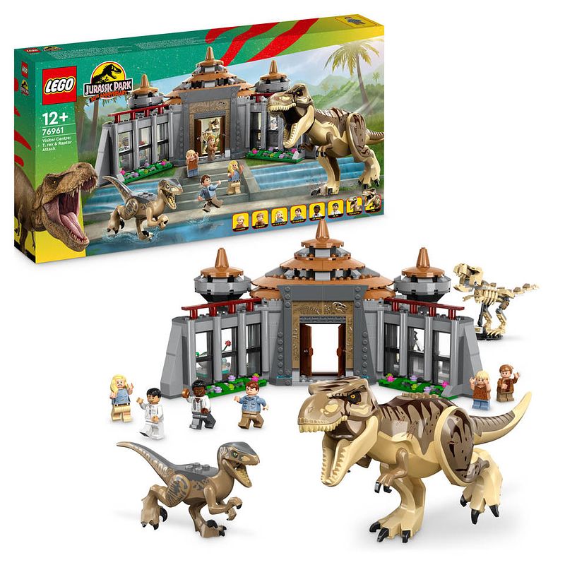 Foto van Lego jurassic world bezoekerscentrum: t. rex & raptor aanval 76961