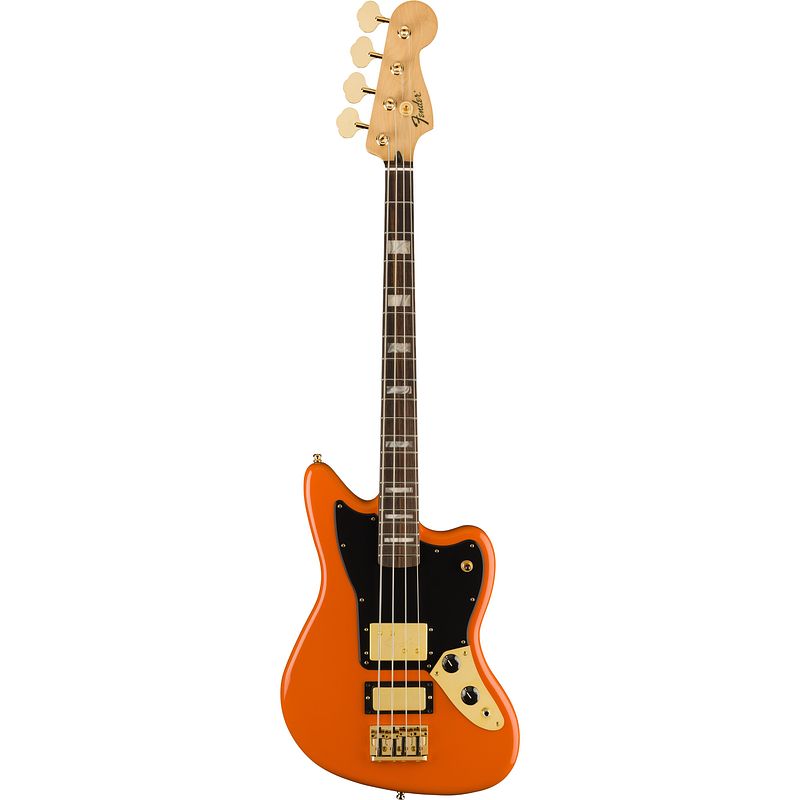 Foto van Fender mike kerr jaguar bass rw tiger'ss blood orange limited edition elektrische basgitaar met deluxe gigbag