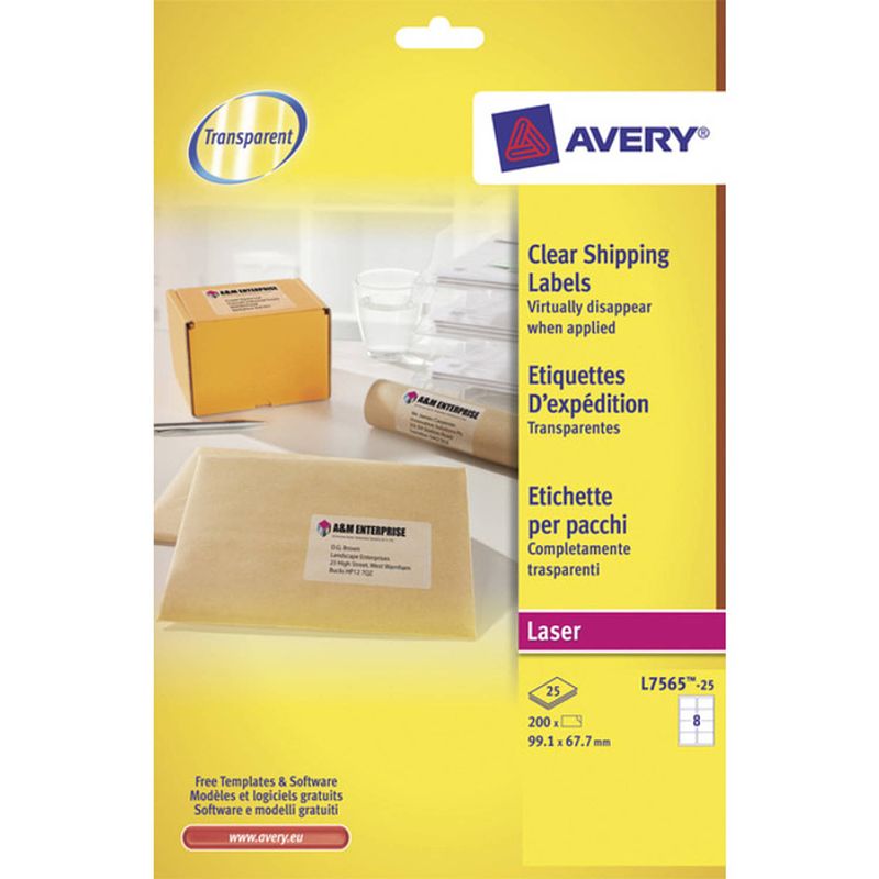 Foto van Laseretiket avery 99,1x67,7mm transparant 25 vel 8 etiketten per vel