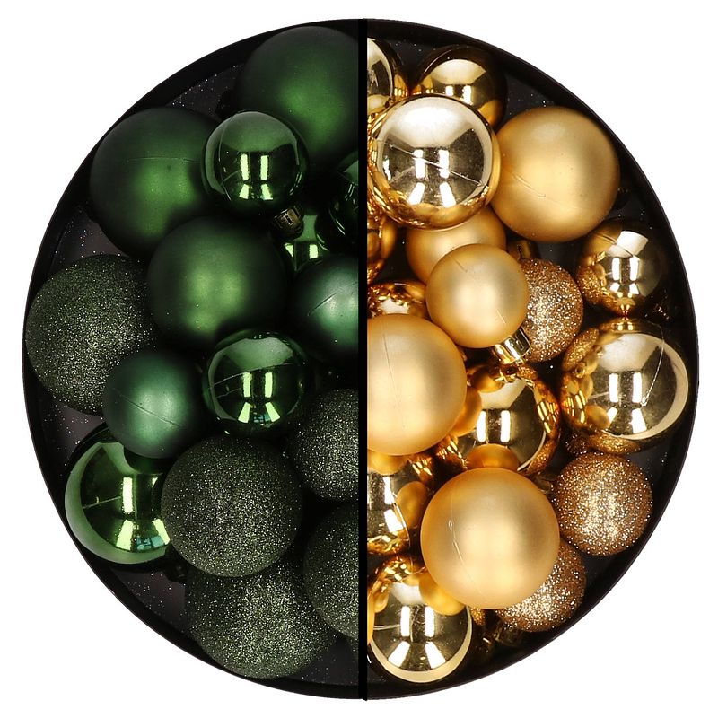 Foto van Decoris kerstballen 60x - mix donkergroen/goud - 4-5-6 cm - kunststof - kerstbal