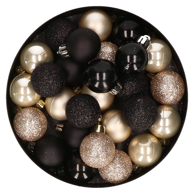 Foto van 28x stuks kunststof kerstballen parel/champagne en zwart mix 3 cm - kerstbal